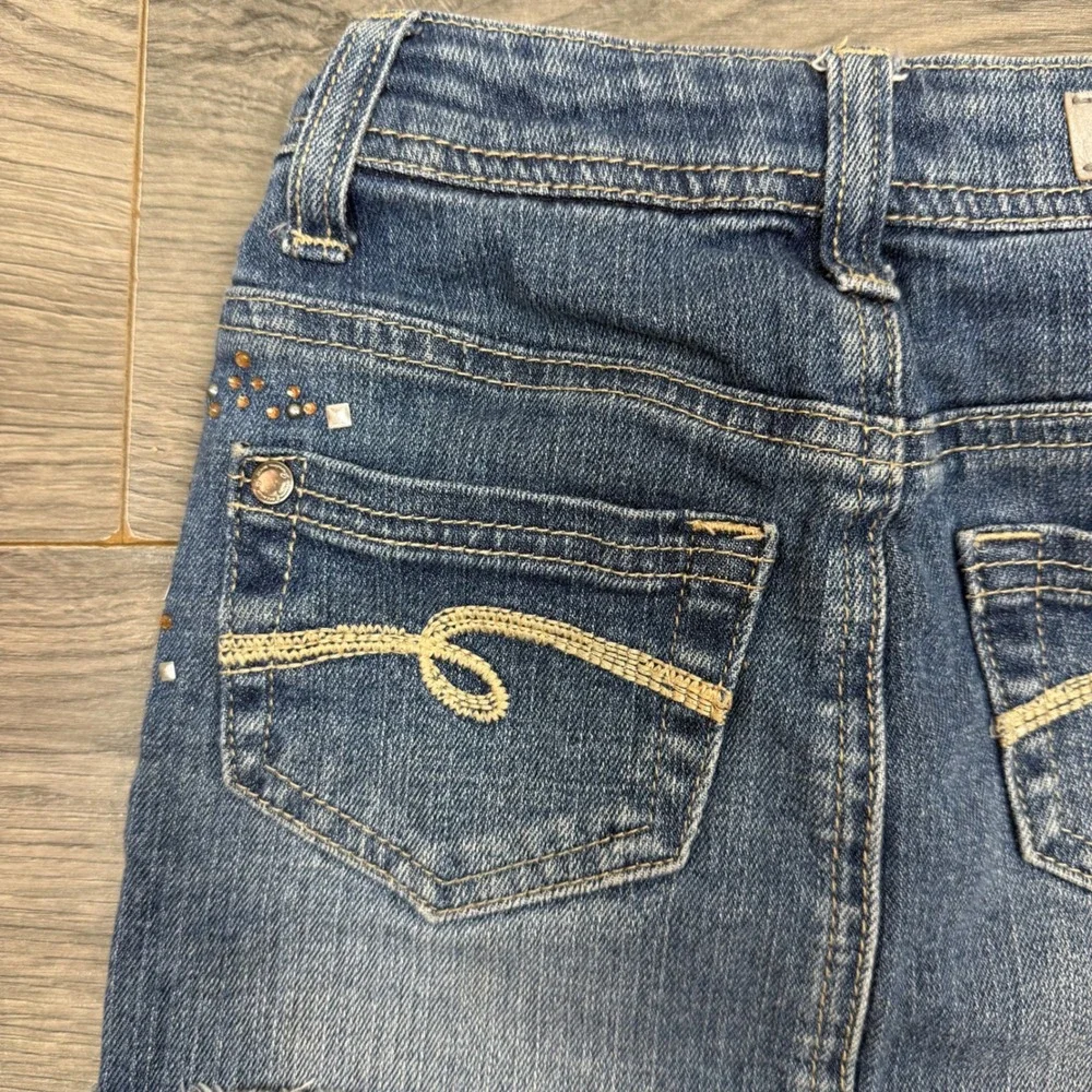 Y2K Justice Denim Mini Skirt Girls 7S Rhinestone Studded Bling Frayed‎ Hem